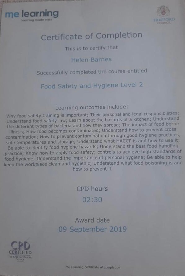 Certificate in Food Safety and Hygiene